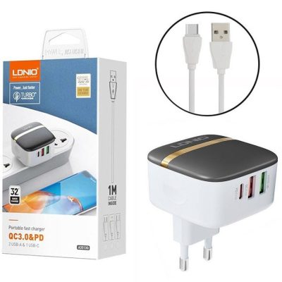 شارژ دیواری الدینو LDNIO A3513Q PD QC3 AutoID توان 32 وات همراه با کابل
